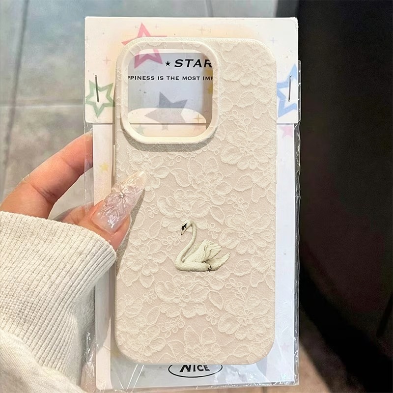 Apple Iphone 15 - Telefoonhoesje met kant-zwaanpatroon en lychee-textuur voor